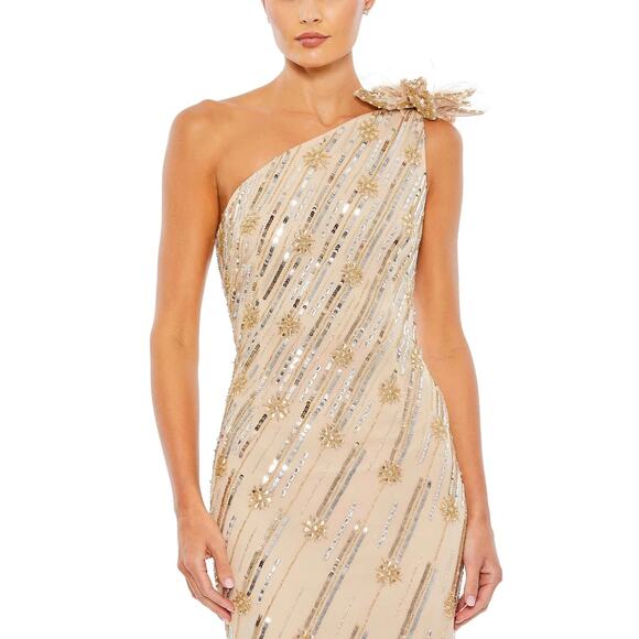 Mac Duggal 93739 Embellished Floral Detail One Shoulder Gown Nude Gold 10 $498 - Picture 7 of 12